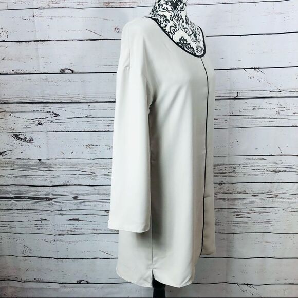 Marie Oliver Margaret Shift Dress Faux Leather Trim Long Sleeves Cement S - Picture 2 of 10